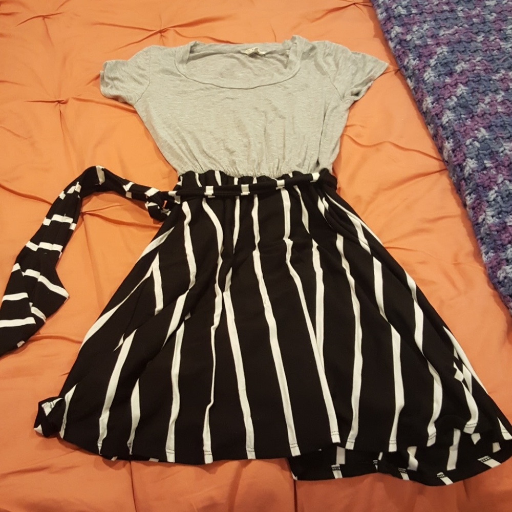 Grey, black, white striped dress